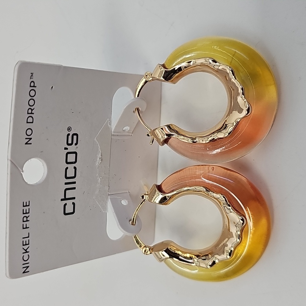 Chico's Chunky Transparent Gold Gradient Colored‎ Resin Hoop No Droop Earrings